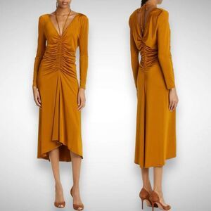 Veronica Beard Gilbert Antique Gold Jersey Long Sleeve Ruched Midi Dress Size 00